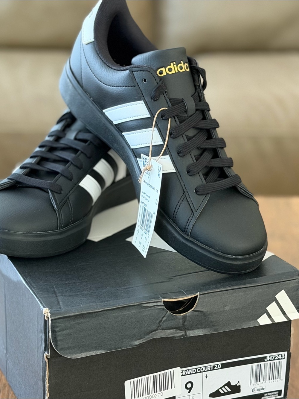adidas Grand Court 2.0 W size 9 Black Sneakers with White Stripes and Gold Logo
